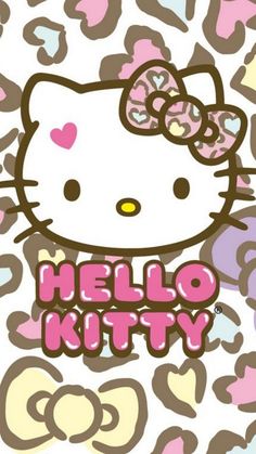 the hello kitty wallpaper has hearts and bows on it's head, as well as words that spell hello kitty