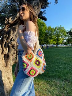 Bohemian Granny Square Natural Color Bags, Casual Granny Square Shoulder Bag, Summer Crochet Granny Square Shoulder Bag, Casual Granny Square Tote Shoulder Bag, Hippie Tote Bag, Eco-friendly Multicolor Crochet Bag For Everyday, Woman Bag, Handmade Purse, Granny Square Bag