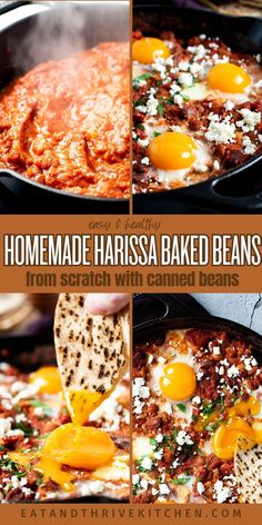 homemade harissa baked beans in a cast iron skillet