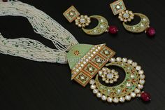 Premium Quality Enamel Uncut Kundan Necklace Set Necklace - 30 inches Pendant - 5 inches long & 3 inches wide Earrings - 3.5 inches Care instructions: Treat your jewelry with care. Avoid contact with perfume, hairspray and deodorants. Avoid any contact with water. Clean your jewelry with a soft cotton cloth. Follow us on Facebook: www.facebook.com/aristabeads Wedding Bollywood, Indian Bridal Jewelry, Long Haram, Kundan Necklace Set, Necklace Indian, Kundan Necklace, Kundan Earrings, Cz Necklace, Bridal Jewellery Indian