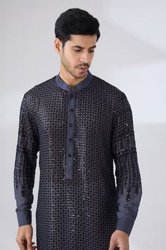 Charcoal grey kurta with sequin and thread embroidery and a buttoned placket. Paired with a pant. - Aza Fashions Festive Gray Embroidered Kurta, Festive Embroidered Gray Kurta, Traditional Gray Kurta For Diwali, Embroidered Gray Kurta For Eid, Gray Embroidered Kurta For Eid, Festive Long Sleeve Gray Kurta, Grey Kurta, Kurta Pant Set, Straight Kurta