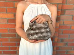 Timeless and high quality handmade crochet knitted product  ✅A stylish women's accessory for daily use, special occasions, invitations, evenings! Wedding Party season  has begun and this bag will be the perfect choice 🤩 you will shine like a star All eyes will be on you this season with our trendy Metallic clutch lined with luxuriously matching Satin, metallic vegan leather and rich jewel tone colours, and you can be sure that these jewels will stand out in the crowd. Whether it's a night out, Beige Crochet Evening Bag, Elegant Hand Knitted Crochet Bag For Gift, Elegant Hand-knitted Crochet Bag For Gift, Elegant White Handwoven Crochet Bag, Handmade Beige Crochet Bag For Evening, Elegant Woven Crochet Bag As Gift, Elegant Woven Crochet Bag As A Gift, Beige Handmade Crochet Evening Bag, Elegant Handwoven Brown Crochet Bag