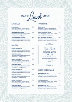 the menu for lunch is shown in blue and white