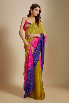 Mustard, multi colored saree in ombre effect. Comes with multi colored hand embroidered blouse. - Aza Fashions Designer Multicolor Pre-draped Saree, Bollywood Style Multicolor Pre-draped Saree For Navratri, Bollywood Multicolor Pre-draped Saree For Navratri, Festive Multicolor Pre-draped Saree With Unstitched Blouse, Multicolor Pre-draped Saree With Zari Work, Multicolor Saree With Unstitched Blouse For Summer, Multicolor Summer Saree With Unstitched Blouse, Designer Multicolor Saree For Summer, Summer Multicolor Saree With Unstitched Blouse