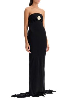 Crafted from soft, shiny viscose jersey, this maxi dress by Giuseppe di Morabito features a bandeau design adorned with draping and a removable gold metal shell brooch. The form-fitting silhouette is enhanced by a floor-length hemline with a godet motif on the back. It has an invisible zip closure and hook at the back. The model is 177 cm tall and wears an IT size 40. Composition: 100%VI Shell Brooch, Wide Leg Jeans Cropped, Herno Jacket, Leopard Print Blouse, Invisible Zip, Women Maxi, Shop Maxi Dresses, Blouse Dress, Womens Maxi Dresses