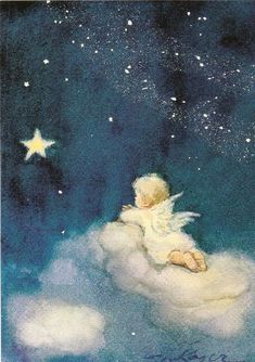 an angel sitting on top of a cloud with stars in the night sky above it