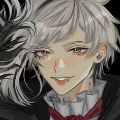 an anime character with grey hair and red bow tie