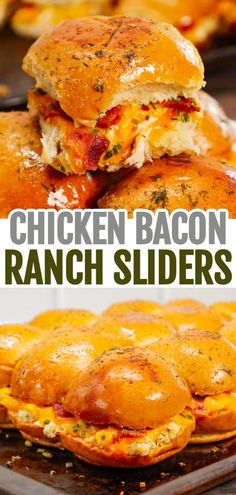 chicken bacon ranch sliders are stacked on top of each other