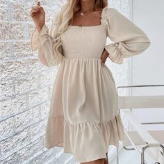 New Long Sleeve Ruffled Hem Dress Fits Bust 32-44 S,4,M,6 Fits Waist 26-28 Length 35” Fits Bust 32-48” L,8, 10 Fits Waist 29-31” Length 35.8” 100% Polyester Machine Washable Keywords: Vacation Winter Summer Spring Fall Luxury Chanel Ladies Woman’s Wear Winter All Season Shirts & Blouses Jersey Tops Party Day Going Out Shirts White Accessories Dress Style Cocktail Sleeves Cardigan Pair With Sweater Preppy Sexy Hot Boho Trendy Vogue Posh Sassy Girly Date Night Elegant Dressy Fashionable Chic Tombo Office Dresses For Women, Ruffle Hem Dress, Flounce Sleeve, Daily Dress, Neck Ruffle, Solid Dress, Hem Dress, Winter Dresses, Stylish Dresses