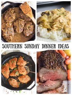 there are pictures of different food items in this collage with the words southern sunday dinner ideas