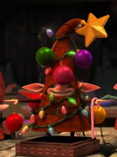 an animated christmas tree with many ornaments and decorations on it, surrounded by other characters