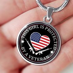 "This Girl Is Protected By A Veteran Pendant Necklace Proud Military Family Necklace Features: - 1″ Circle/Round Silver Plated Pendant With Chain. - Not available in stores. - 24\" Silver plated chain link lobster clasp necklace. - Custom hardened resin inserted into a sliver plated pendant. - 100% Quality Guaranteed - This Veterans Girl necklace makes a great gift." Custom Made Shoes, Girl Necklace, Navy Air Force, Space Force, Family Necklace, Clasp Necklace, Luxury Necklace, Military Family, Glass Coating