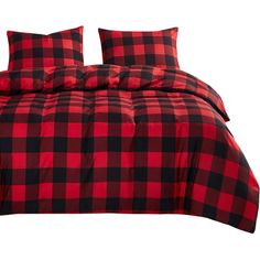 a red and black checkered comforter set with two pillows on the bottom half