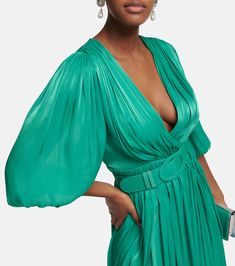 Brennie georgette gown in green - Costarellos | Mytheresa Chic Evening Dress With Belted Cuffs, Chic Formal Maxi Dress With Belted Cuffs, Party Maxi Dress With Blouson Sleeves, Evening Maxi Dress With Blouson Sleeves, Elegant Evening Dress With Blouson Sleeves, Formal Maxi Dress With Blouson Sleeves, Elegant Floor-length Dresses With Blouson Sleeves, Pre-draped Georgette Evening Dress, Multicolor Fitted Georgette Gown