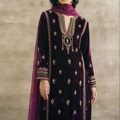 Beautiful stylish elegant velvet long kurti has embroidery over the neck and sleeves. It has resham thread, zari , sequence, and beads hand work. Palazzo has embroidery over the bottom Dupatta has scallop border with beads and small motifs all over ✨This dress can be customise in any other colour and in all size also ,please contact us regarding any changes if you want.We will make this dress as per your choice. ✨We use high quality fabric and threads for embroidery.You won't face any problem in Indian Formal Dress, Lohri Outfits, Velvet Salwar Kameez, Banarasi Silk Suit, Velvet Salwar, Threads For Embroidery, Velvet Pakistani Dress, Velvet Palazzo, Kurta Ideas