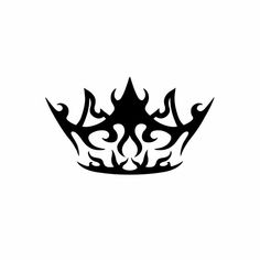 a black and white drawing of a crown with flames on the side, against a white background