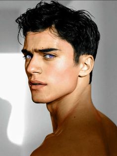 a painting of a shirtless man with blue eyes and black hair, looking to the side