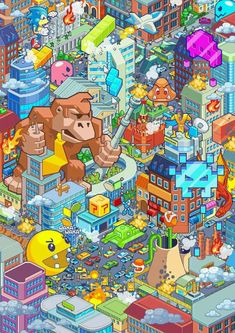 an image of a big city with lots of buildings and animals on it's sides