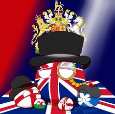 a british flag with a teddy bear wearing a top hat