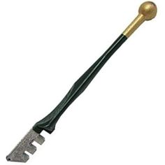 a gold handled garden tool with black handles and metal tips on the tip is shown in front of a white background