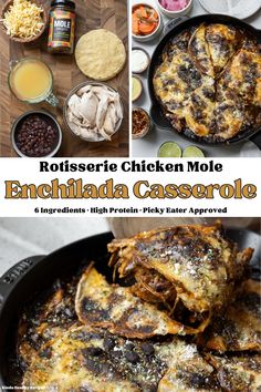 an enchilada casserole is shown in this collage with ingredients