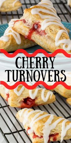 cherry turnoverers with white icing on top and the words cherry turnoverers above them