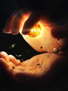 two hands are holding planets in the dark space with stars and dust all around them