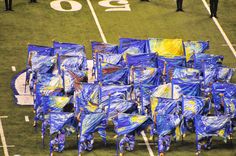 a group of people standing on top of a football field holding blue and yellow flags