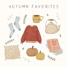 an illustration of autumn favorites with books, teapot, socks and pumpkins