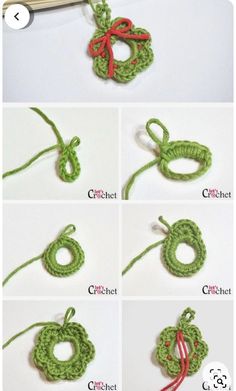 instructions to crochet an ornament for a christmas tree decoration with red and green yarn