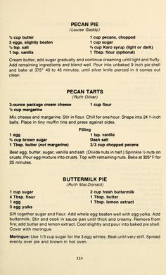 an old recipe book with instructions on how to make pies and other desserts