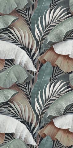 an image of a wallpaper with palm leaves on the back and green, white and brown colors