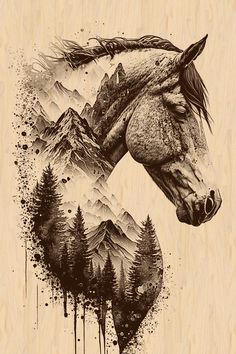 a drawing of a horse with mountains in the background and trees on it's side