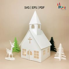 a paper house with trees and a deer next to it on a beige background that says svg epss i pdf