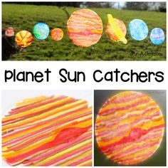 paper plate sun catchers are shown in three different pictures, one is yellow and the other is orange