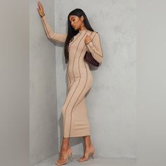 Doll This Dress Is At The Top Of Our New Season Hit List. Featuring A Nude Ribbed Material With Seam Detail And Long Sleeves, We're In Love. Add A Tonal Shoulder Bag, Gold Hoop Earrings, And Heeled Mules For A Date With The Dolls. Length Approx 132cm/52" (Based On A Sample Size Uk 8) Model Wears Size Uk 8/ Eu 36/ Aus 8/ Us 4 Model Height - 5ft 6" 95% Polyester, 5% Elastane Black Blazer Dress, Pink Bandage Dress, Leopard Print Bodycon Dress, Pink Satin Dress, All Black Dresses, Autumn Sleeve, Bandage Midi Dress, Printed Bodycon Dress, Multicolor Dress