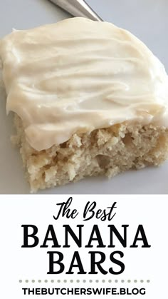 the best banana bars with white frosting on top are shown in this postcard