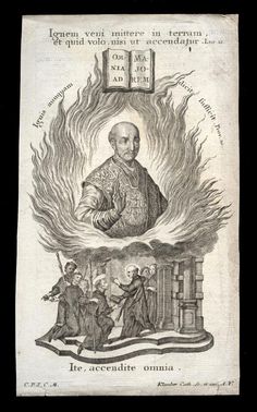 an old book with a drawing of a man surrounded by flames and other people in the background