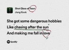 the words are written in red and green on a white background with black lettering that reads, she got some dangerous hobles like chasing after the sun and making me fall in love