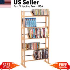 a wooden book shelf with dvd's on it and the text us seller fast shipping from usa