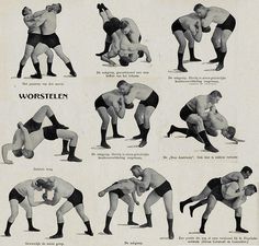 an old poster shows men doing different poses in wrestling positions, from the beginning to the mid - 20th century