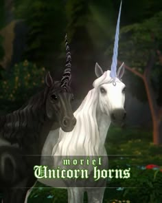 two black and white unicorns standing next to each other in front of some trees