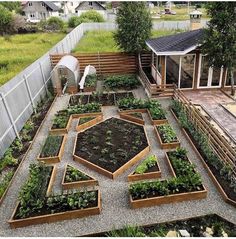 an aerial view of a garden with raised beds