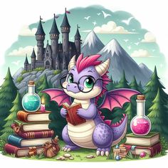 a dragon with pink hair is sitting in front of books and holding an open book