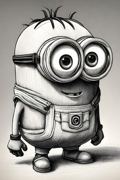 a pencil drawing of a minion with big eyes and a backpack on his back