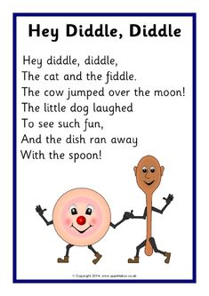 a poem with two cartoon characters holding hands and the words hey diddle, diddle