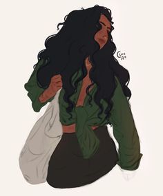 a drawing of a woman with long black hair and green shirt sitting on the ground