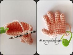 crocheted pink mittens and green handled knitting needle