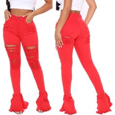 Bell Bottom Flare Ripped Fitted Bottoms For Fall, Trendy Ripped Fitted Pants, Trendy Fitted Ripped Pants, Chic Stretch Ripped Pants, High Waist Cotton Bottoms For Party, Ripped Fitted Pants For Fall, Fitted Ripped Pants For Fall, Red Cotton Party Bottoms, Trendy Stretch Red Bottoms