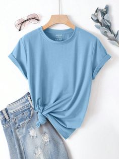 Women's Summer Solid Color Round Neck Casual Short Sleeve T-Shirt Baby Blue Casual  Short Sleeve Fabric Plain  Slight Stretch Summer Women Clothing, size features are:Bust: ,Length: ,Sleeve Length: Preppy Tops, Long Sleeve Tops Casual, Round Neck Tees, Simple Shirts, Blue T Shirt, Blue Shirt, Cropped Pants, Colorful Leggings, All Fashion